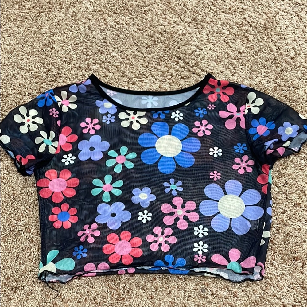 Cropped Floral Mesh Top - Multicolor